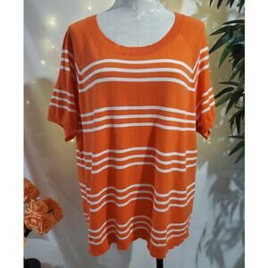 Talbots Striped Light Knit Short Sleeve Sweater Womens Plus Size 2X Orange White